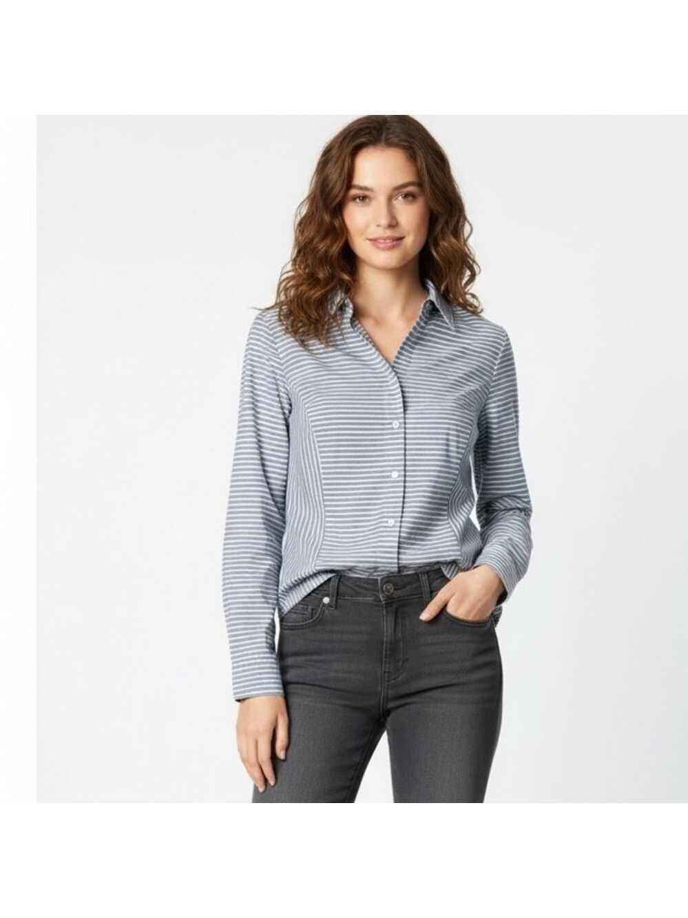 CHICO’S 100% Cotton Blue White Stripe Button Front Shirt Roll Tab Sleeves Sz S